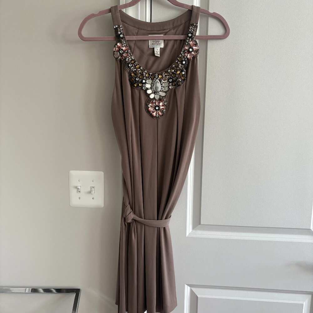 Suzi Chin for Maggy Boutique Taupe Sleeveless Embellished Shift Dress - SZ 12